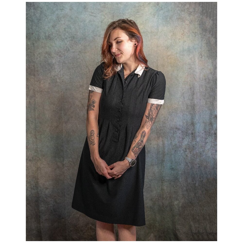 Vintage Lady Carol of NY Petites Black White Pleated Collar Button Dress - 10P